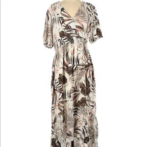 Palm Leaf Hi-Low Puff Sleeve Dress